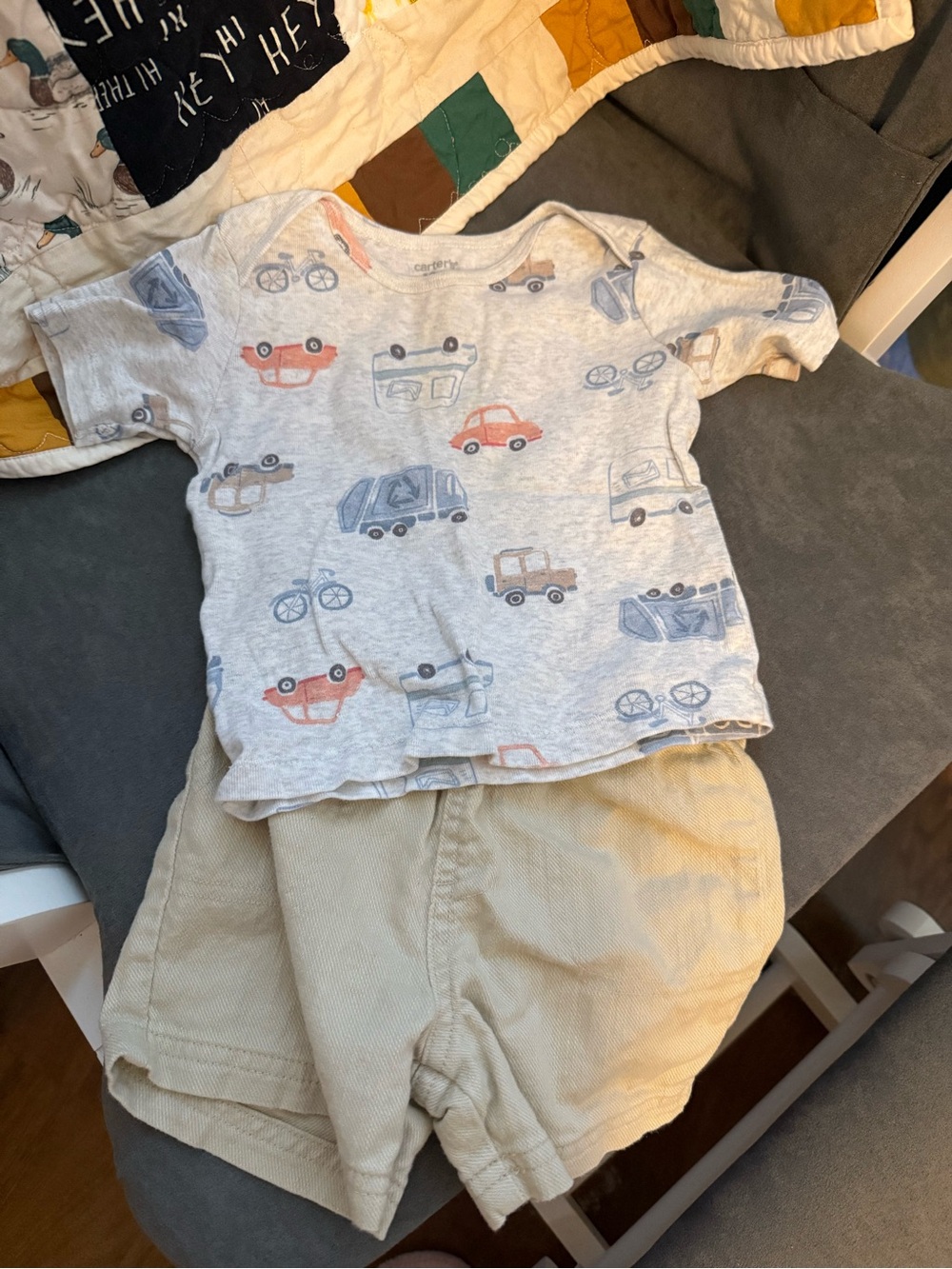 Carter's Gray Tee with Red and Blue Vehicle Prints and Cream Shorts